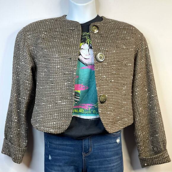 Carlisle Vintage 80s 90s Taupe Classic Tailored Tweed Wool Cropped Jacket 8 M - Picture 9 of 12